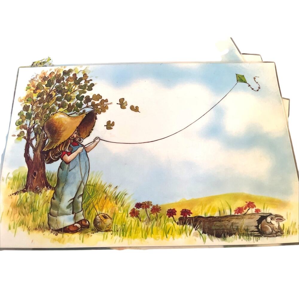 4 Laminated 1970s Placemats Little Girl Fishing Flying Kite - Picture 4 of 4